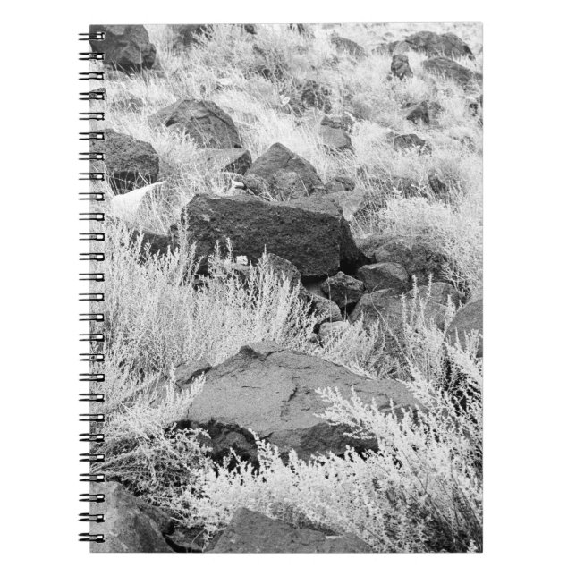 Caderno Espiral Basalt Lava Rocks in Desert, Black and White Photo (Frente)