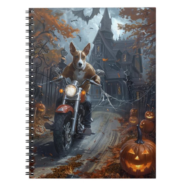Caderno Espiral Basenji Riding Motorcycle Halloween Scary (Frente)