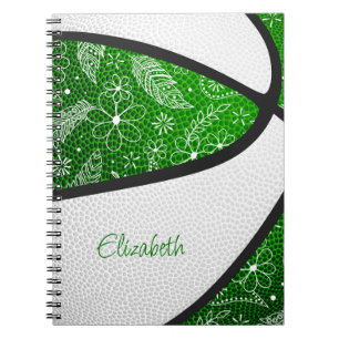Caderno Espiral Basquete boho penas paislies verde branco