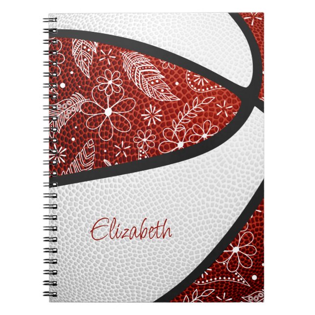 Caderno Espiral Basquete flores boho doodle marrom branco (Frente)