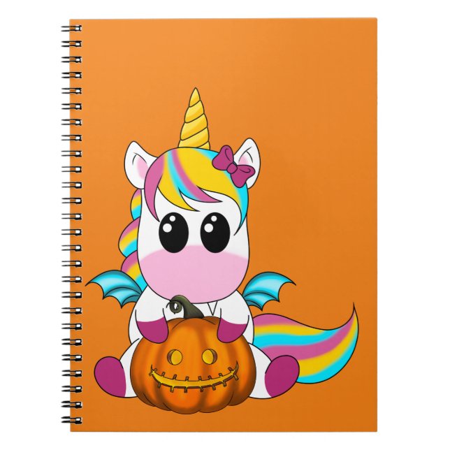 Caderno Espiral Bat unicorn com abóbora de Halloween (Frente)