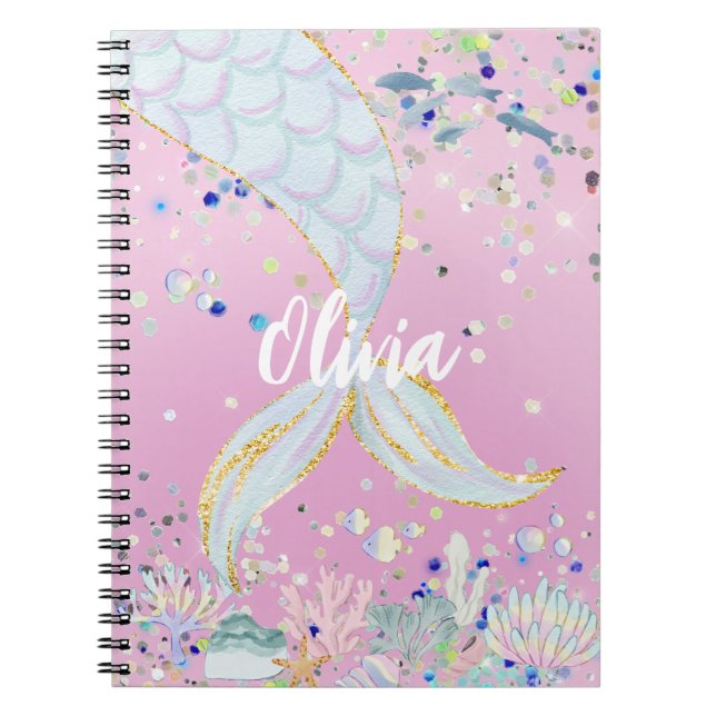 Caderno Espiral Bateria De Sereia Com Glitter Whimsical Sob O Mar (Frente)