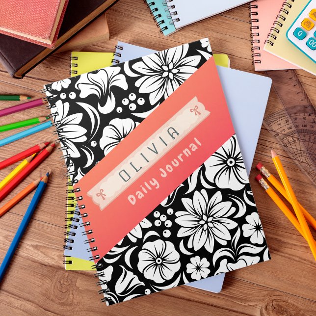Caderno Espiral Beautiful Black & White Orange Custom Name Daily (Criador carregado)