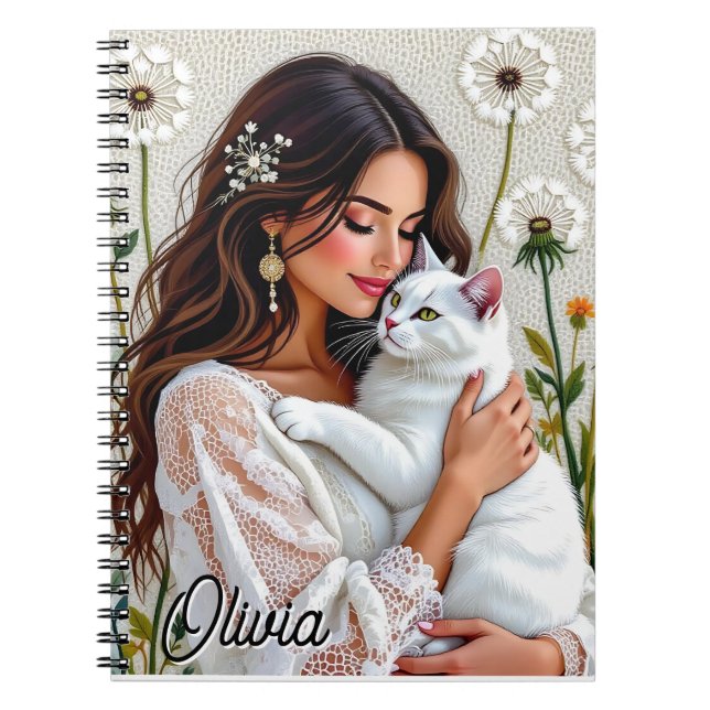 Caderno Espiral Beautiful Woman, Cat and Dandelions Personalized (Frente)