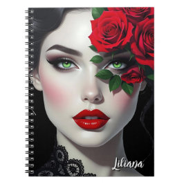 Caderno Espiral Beautiful Woman with Red Rose Personalized