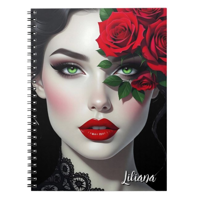 Caderno Espiral Beautiful Woman with Red Rose Personalized (Frente)