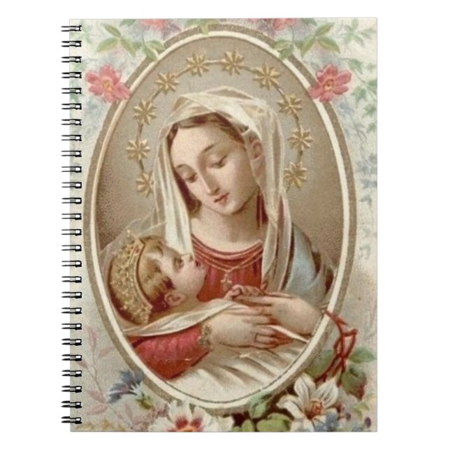 Caderno Espiral Bebê abençoado Jesus da Virgem Maria floral (Frente)