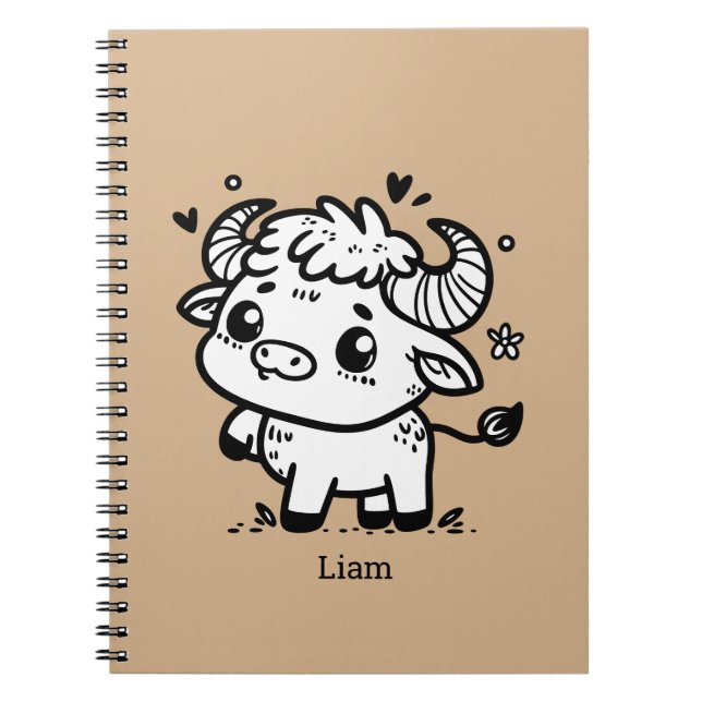 Caderno Espiral Bebê Búfalo Fofo - Animal de Fazenda Kawaii (Frente)
