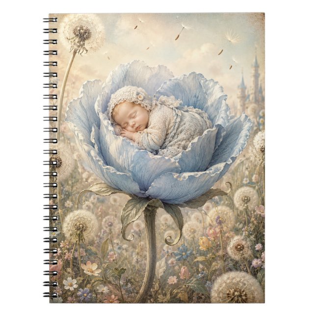 Caderno Espiral Bebê dormindo em flor azul (Frente)