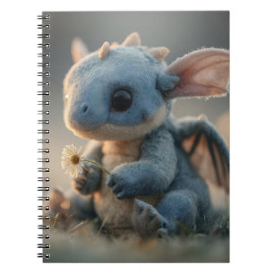 Caderno Espiral Bebê Dragão Azul Adorável Segurando uma Margarida