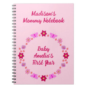 Caderno Espiral Bebê rosa Borboletas e Flores Nova mãe