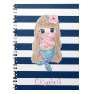 Caderno Espiral Bebê Sereia Cute Listras Azul Marinho