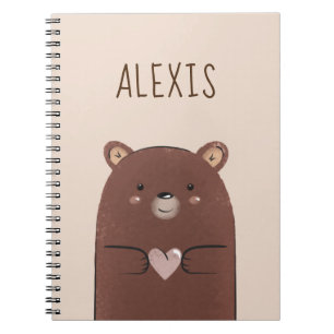 Caderno Espiral Bebê Urso Marrom Doce & Nome da Criança Creme