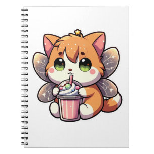 Caderno Espiral Bebendo de gato fada bonito