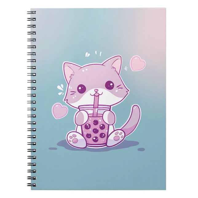 Caderno Espiral Bebendo Roxo de Gato Kawaii Boba Tea Note Book (Frente)