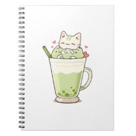 Caderno Espiral Bebida de Matcha com Boba de Gato Fofo Design Kawa