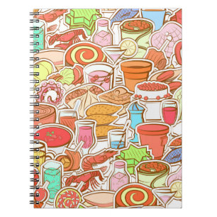 Caderno Espiral Bebidas, marisco, salgadinhos, padrão sem costura