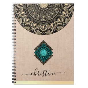 Caderno Espiral Beige Burlap Mandala Black Script Name