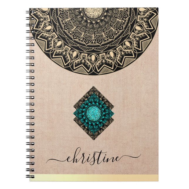 Caderno Espiral Beige Burlap Mandala Black Script Name (Frente)