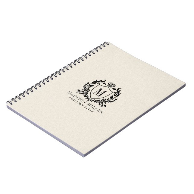Caderno Espiral Beige Linen Black Royal Crest Scroll Monogram (Left Side)