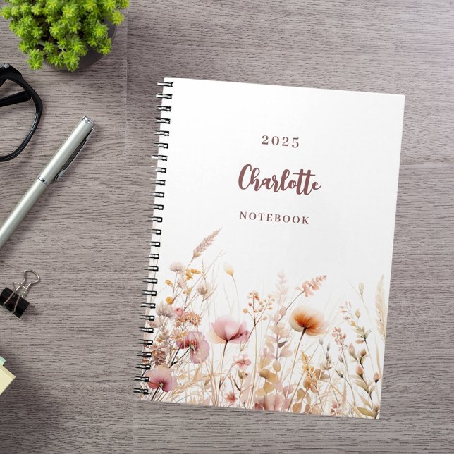 Caderno Espiral Beige rosa-prateado de flor selvagem (Criador carregado)