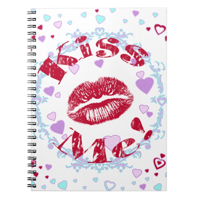 Caderno Espiral Beije-me! Lábios Vermelhos Com Corações (Frente)