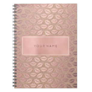 Caderno Espiral Beijo metálico do pó Dourado retangular do rosa