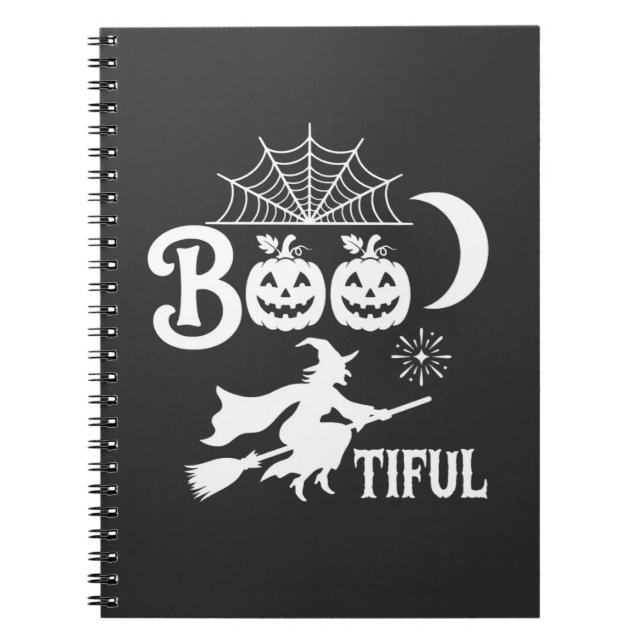 Caderno Espiral Bela decoração de Halloween da bruxa da lua Design (Frente)