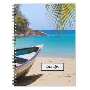 Caderno Espiral Bela praia tropical com um barco