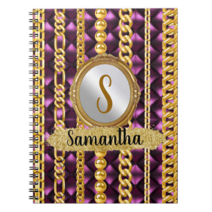 Caderno Espiral Bela Veludo Roxo Dourado Monograma Chic Elegante