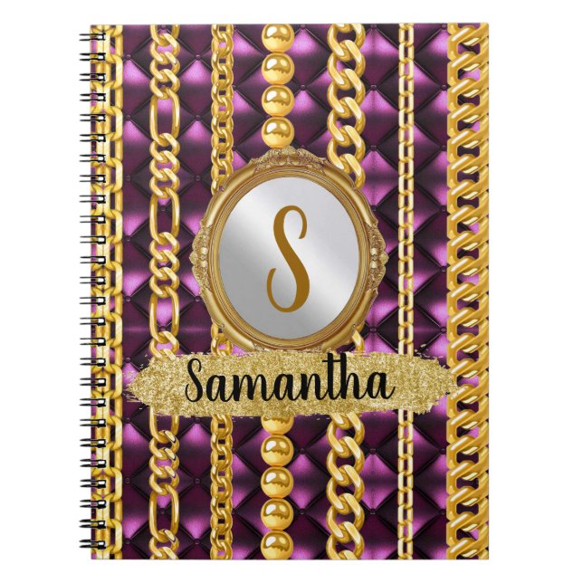 Caderno Espiral Bela Veludo Roxo Dourado Monograma Chic Elegante (Frente)