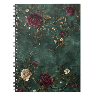 Caderno Espiral Belas rosas com espirais douradas.