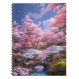 Caderno Espiral Beleza da ponte Stream e Sakura
