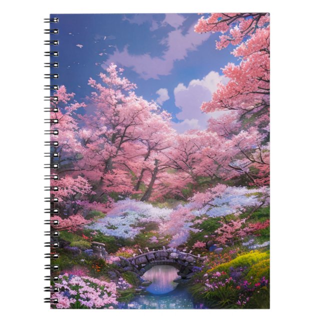 Caderno Espiral Beleza da ponte Stream e Sakura (Frente)