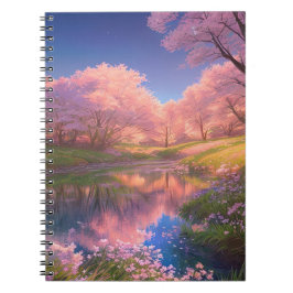 Caderno Espiral Beleza do Lago Sakura e Flor Rosa