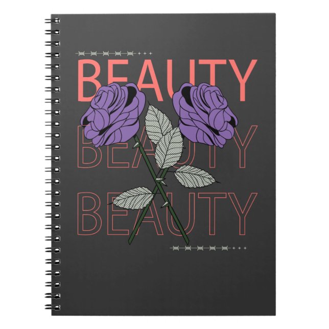 Caderno Espiral Beleza, texto repetido com flores (Frente)