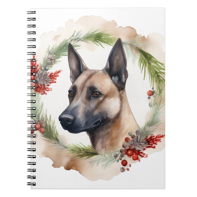 Caderno Espiral Belga Malinoi Christmas Wreath Festivo Pup (Frente)