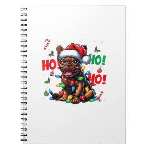 Caderno Espiral Belo Buldogue Francês Natal Santa Hat Lights HO