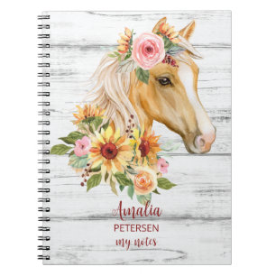 Caderno Espiral Belo cavalo Palomino com flores de sol