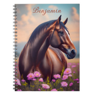 Caderno Espiral Belo Cavalo Quarto com Flores Nome