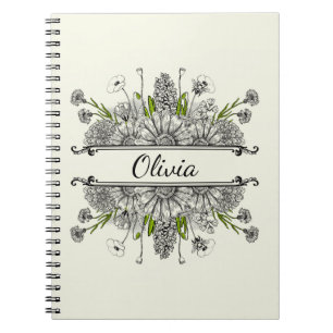 Caderno Espiral Belo desenho das flores pretas e brancas