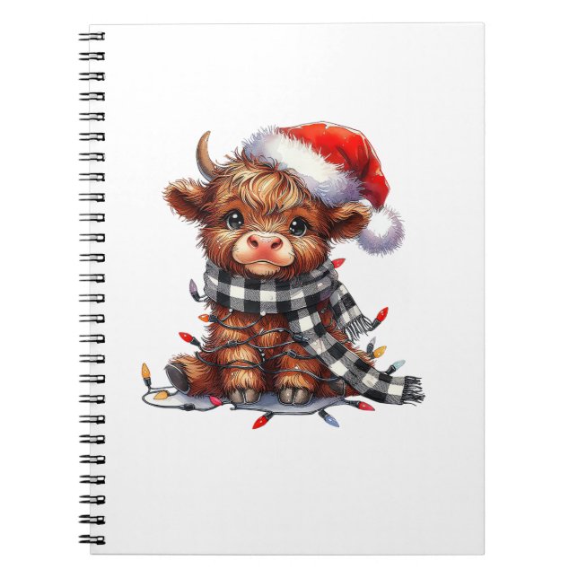 Caderno Espiral Belo Natal Luzes de Highland Vaca Engraçada Natal (Frente)