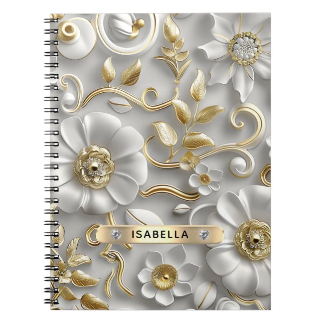 Caderno Espiral Belo Nome Personalizado Floral 3D Branco E Dourado (Frente)