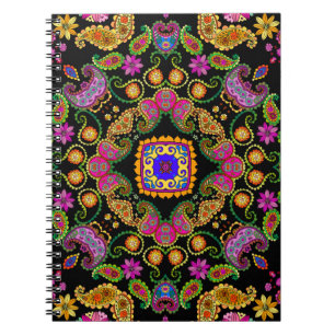 Caderno Espiral Belo ornamento floral com flores brilhantes e