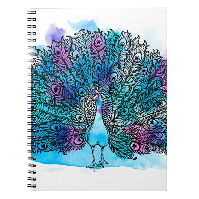 Caderno Espiral Belo pássaro Peacock desenhado pela Mão consiste e (Frente)