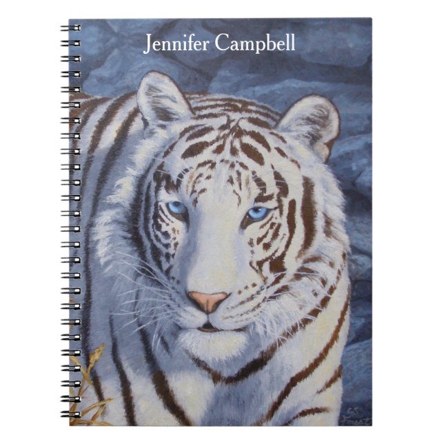 Caderno Espiral Belo Tigre Branco com Olhos Azuis Cristais (Frente)