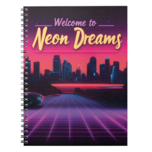 Caderno Espiral Bem-vindo aos Sonhos Neon - paisagem urbana de ond