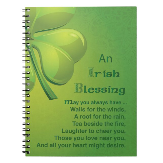 Caderno Espiral Bênçãos Irlandesas Shamrock Verde, Celta (Frente)