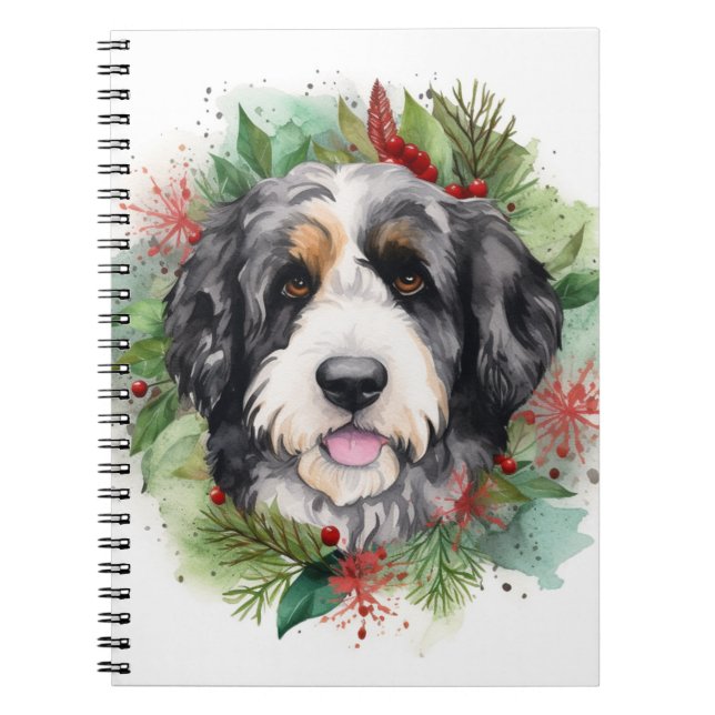 Caderno Espiral Bernedoodle Christmas Wreath Festivo Pup (Frente)