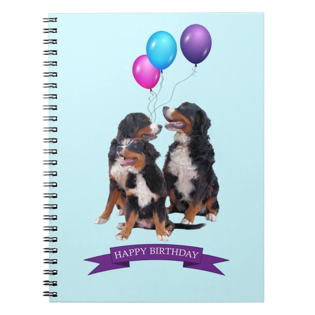 Caderno Espiral Bernese Mountain Dogs Feliz Aniversário (Frente)